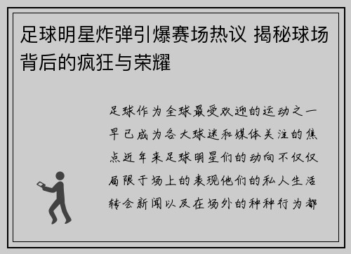 足球明星炸弹引爆赛场热议 揭秘球场背后的疯狂与荣耀